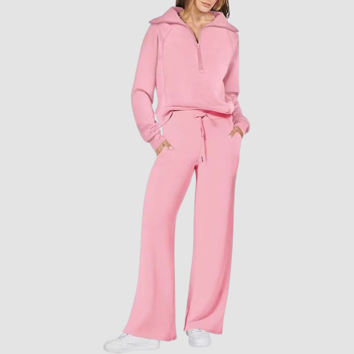 Damski komplet dresowy loungewear z bluzą half-zip i szerokimi spodniami