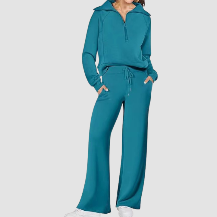 Damski komplet dresowy loungewear z bluzą half-zip i szerokimi spodniami
