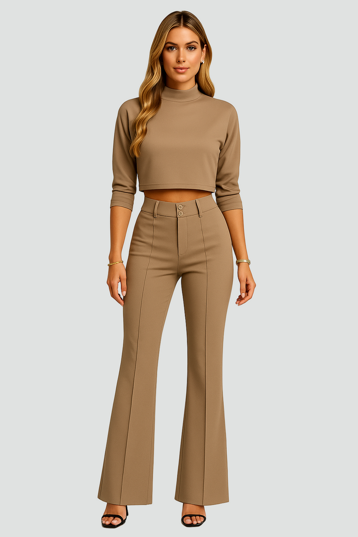 Damski komplet z krótkim topem i szerokimi spodniami z wysokim stanem