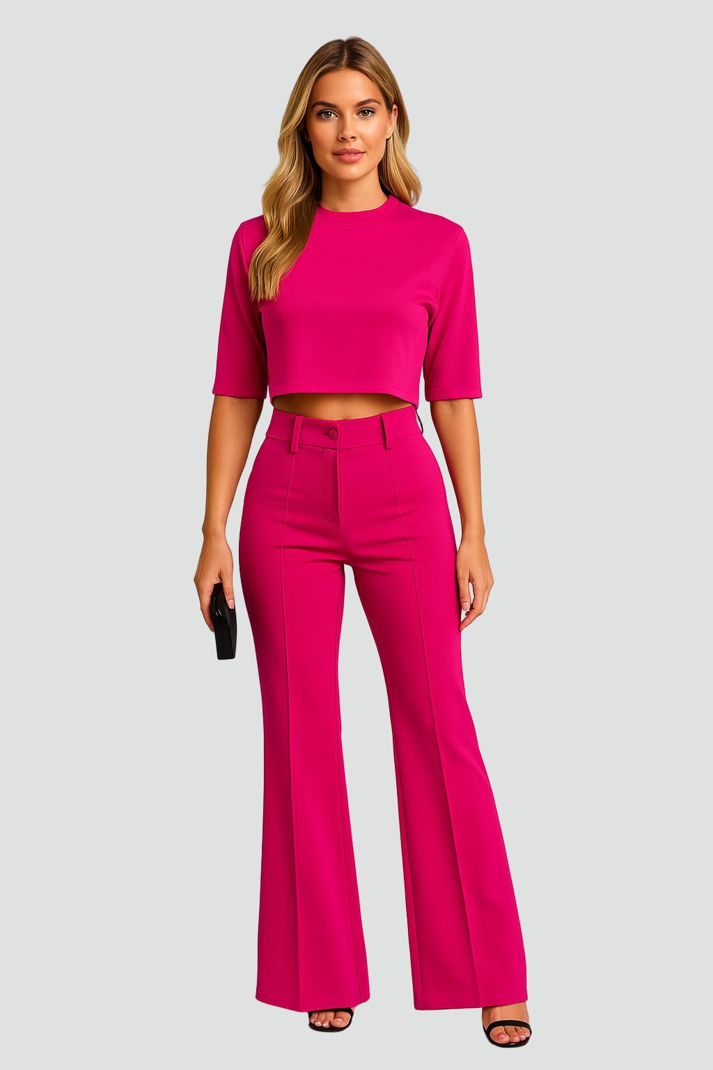 Damski komplet z krótkim topem i szerokimi spodniami z wysokim stanem