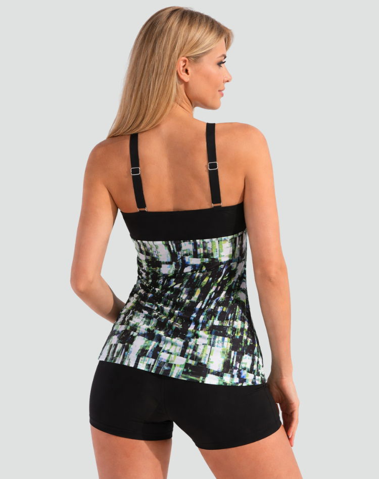 Women's shaping tankini swimsuit with shorts and wide straps