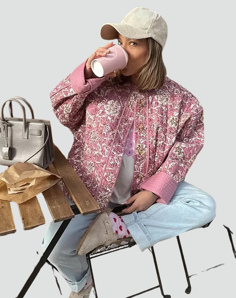 Short pink quilted women's jacket with floral pattern