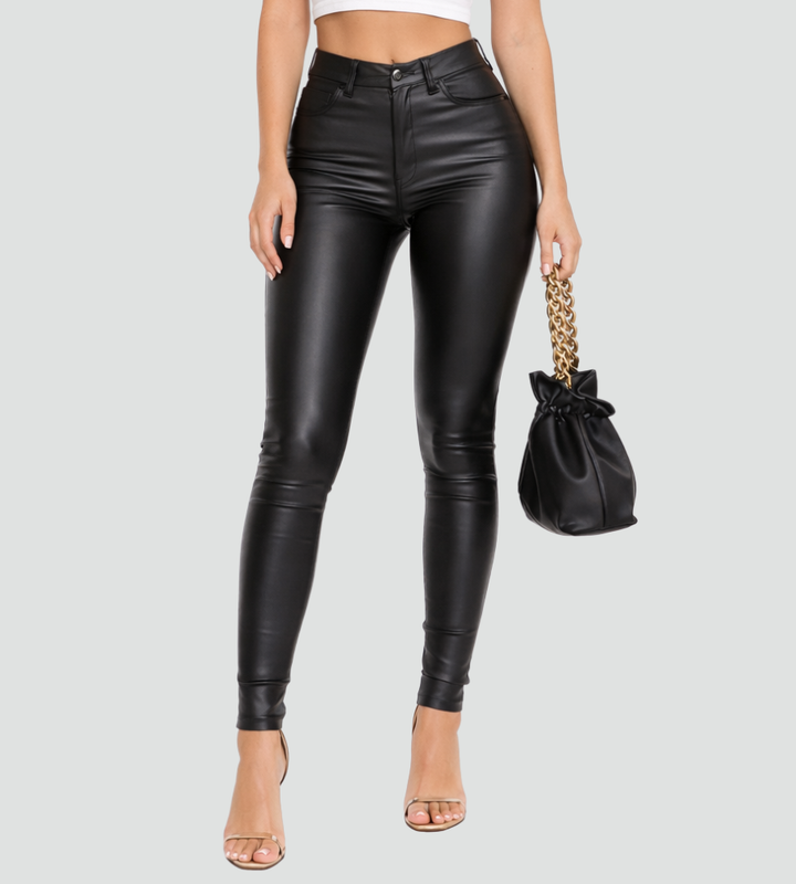 Damskie spodnie skinny z efektem skóry z wysokim stanem
