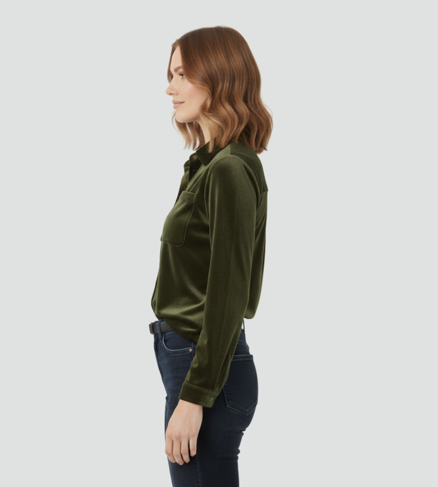 Damska welurowa koszula z długim rękawem i kieszonką