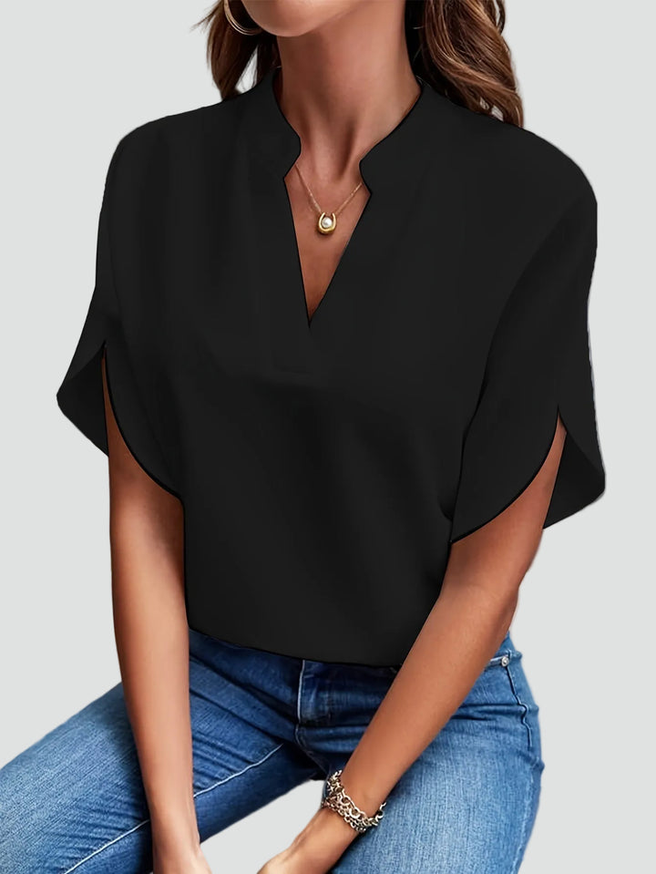Dames elegante blouse met opstaande kraag en V-hals met vlindermouw