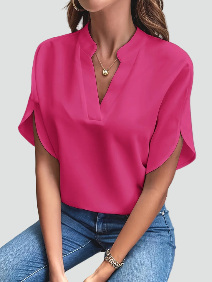 Dames elegante blouse met opstaande kraag en V-hals met vlindermouw