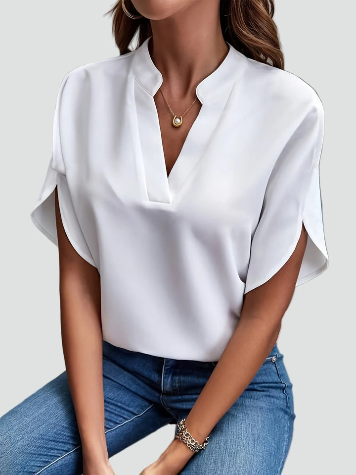 Dames elegante blouse met opstaande kraag en V-hals met vlindermouw