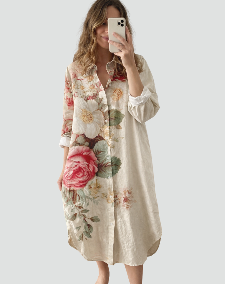 Długa koszula damska oversize w kwiaty na lato z kołnierzykiem