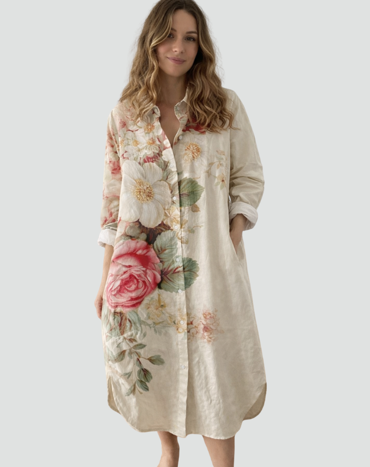 Długa koszula damska oversize w kwiaty na lato z kołnierzykiem