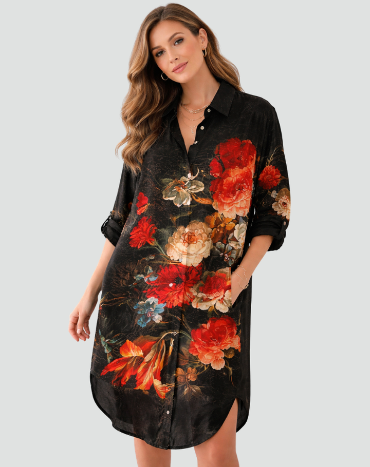 Długa koszula damska oversize w kwiaty na lato z kołnierzykiem