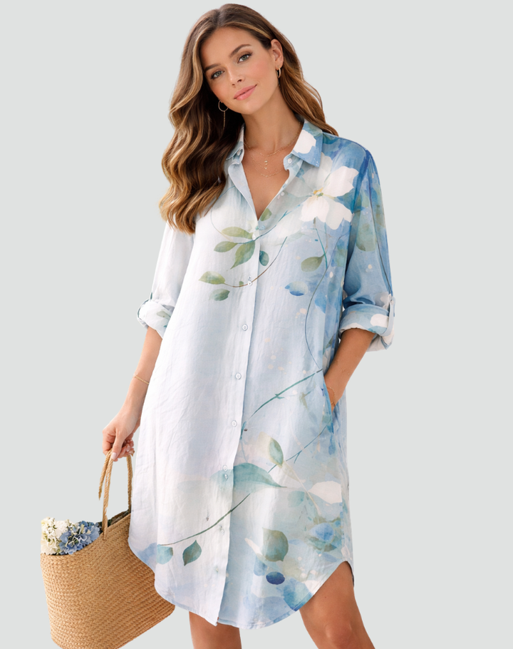 Długa koszula damska oversize w kwiaty na lato z kołnierzykiem