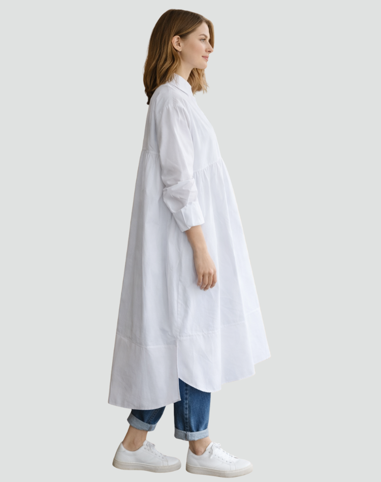 Lange overhemdjurk in wijde pasvorm voor dames met kraag en knopen