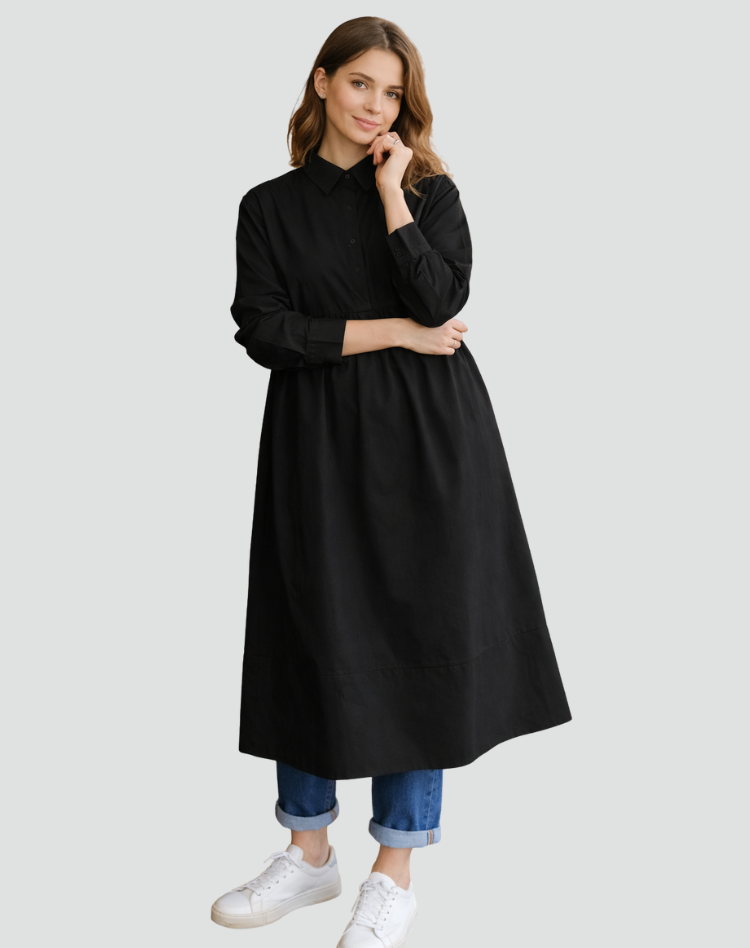 Lange overhemdjurk in wijde pasvorm voor dames met kraag en knopen