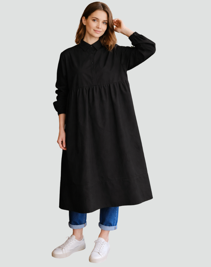 Lange overhemdjurk in wijde pasvorm voor dames met kraag en knopen