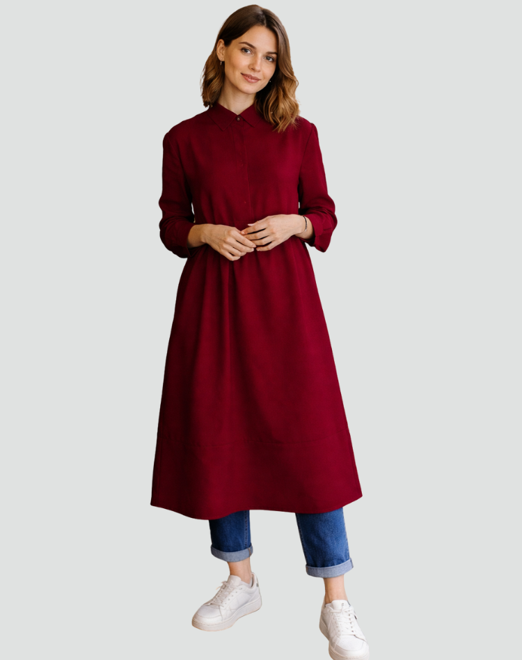 Lange overhemdjurk in wijde pasvorm voor dames met kraag en knopen