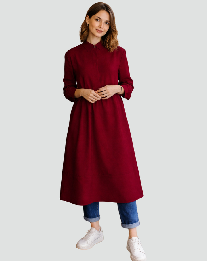 Lange overhemdjurk in wijde pasvorm voor dames met kraag en knopen