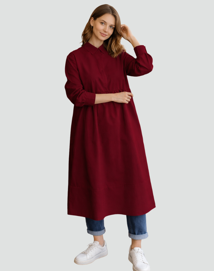 Lange overhemdjurk in wijde pasvorm voor dames met kraag en knopen