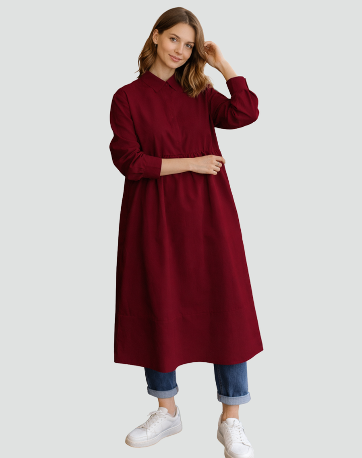 Lange overhemdjurk in wijde pasvorm voor dames met kraag en knopen