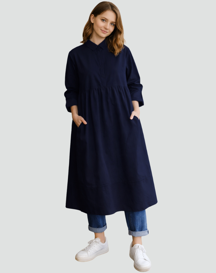 Lange overhemdjurk in wijde pasvorm voor dames met kraag en knopen