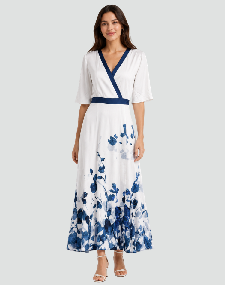 Robe longue élégante pour femme à fleurs avec décolleté en V pour gala