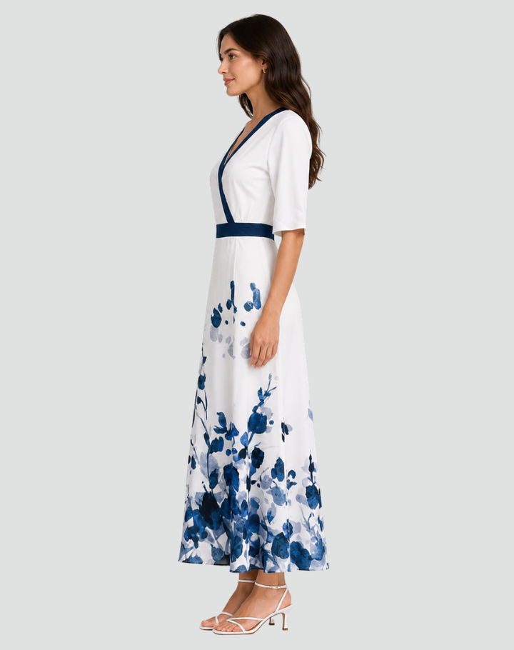 Robe longue élégante pour femme à fleurs avec décolleté en V pour gala