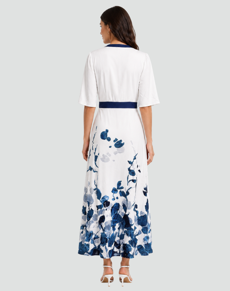 Robe longue élégante pour femme à fleurs avec décolleté en V pour gala