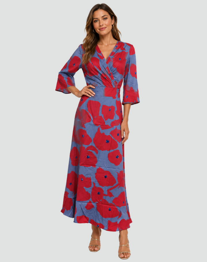 Robe longue élégante pour femme à fleurs avec décolleté en V pour gala