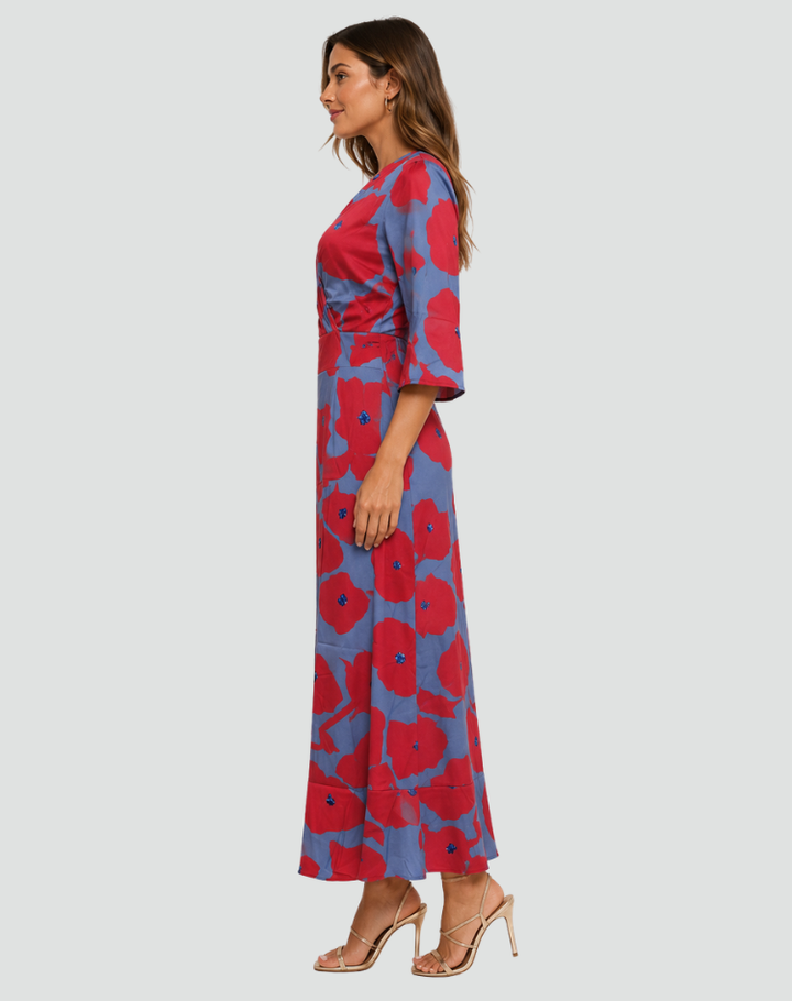 Robe longue élégante pour femme à fleurs avec décolleté en V pour gala