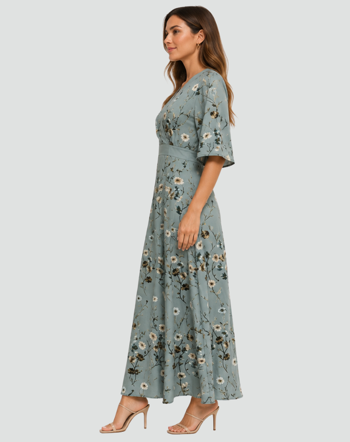 Robe longue élégante pour femme à fleurs avec décolleté en V pour gala