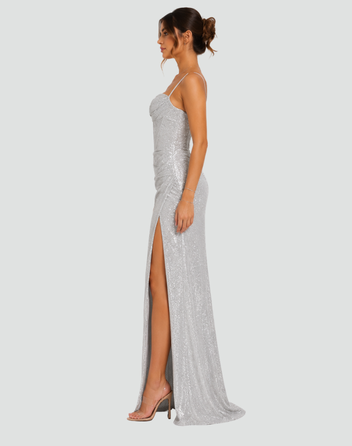Robe de soirée maxi en brocart avec fente