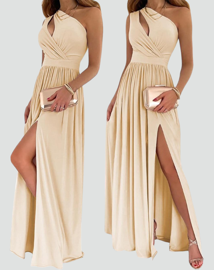 Maxi evening dress for a wedding with a slit and ruffle