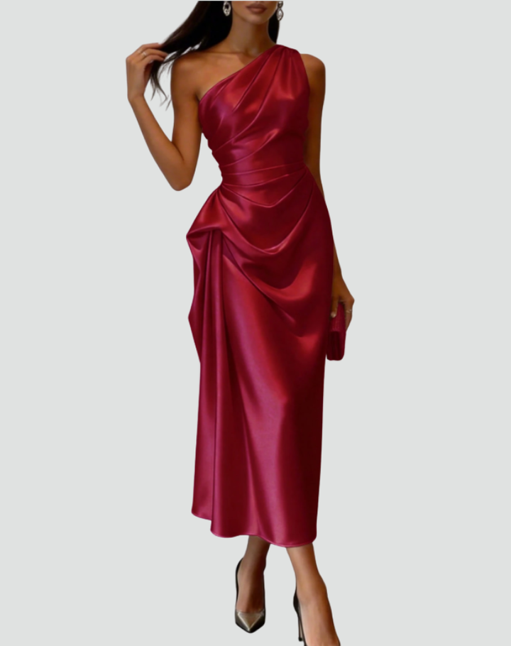 Midi satin dress with an asymmetrical neckline, perfect for a wedding.