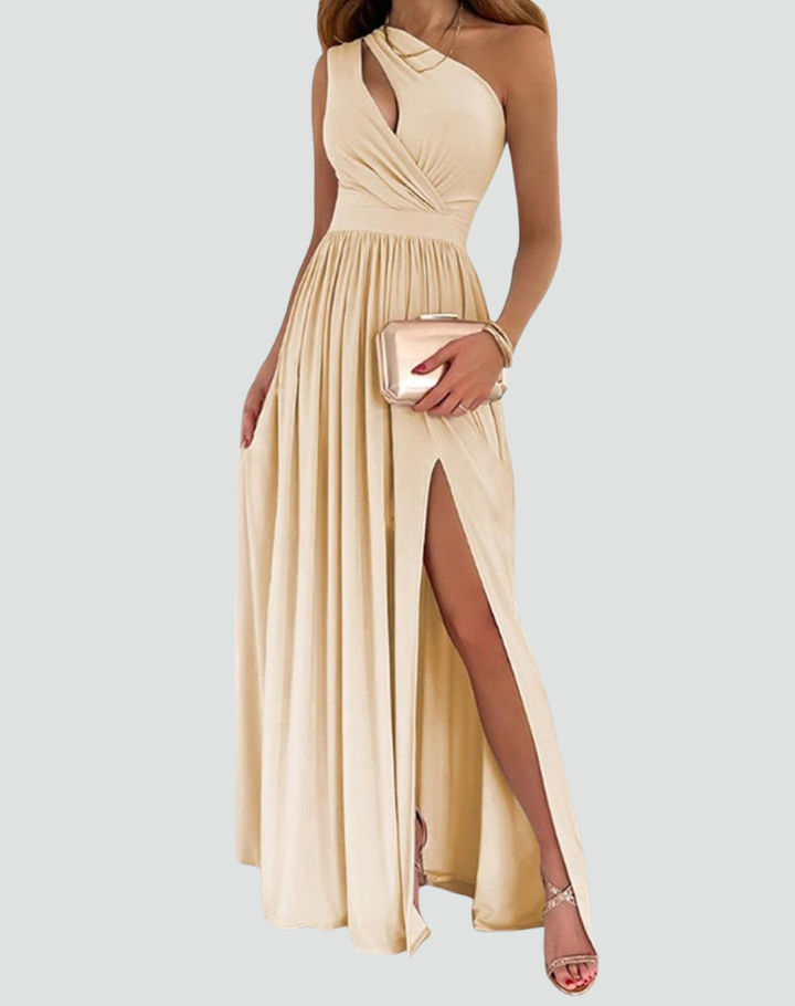 Maxi evening dress for a wedding with a slit and ruffle