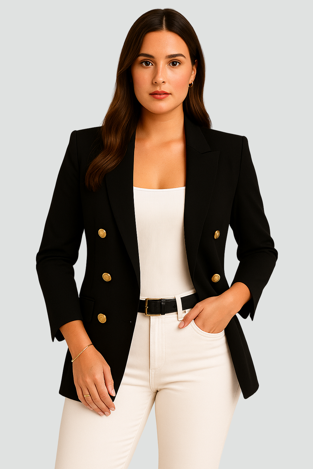 Dwurzędowa marynarka damska z ozdobnymi guzikami szykowna