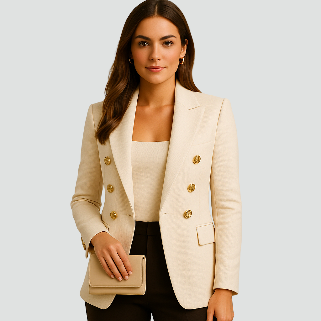 Dwurzędowa marynarka damska z ozdobnymi guzikami szykowna