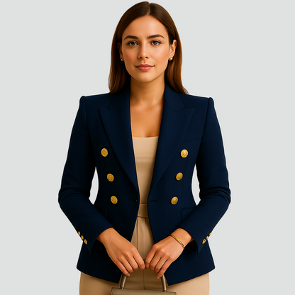 Dwurzędowa marynarka damska z ozdobnymi guzikami szykowna