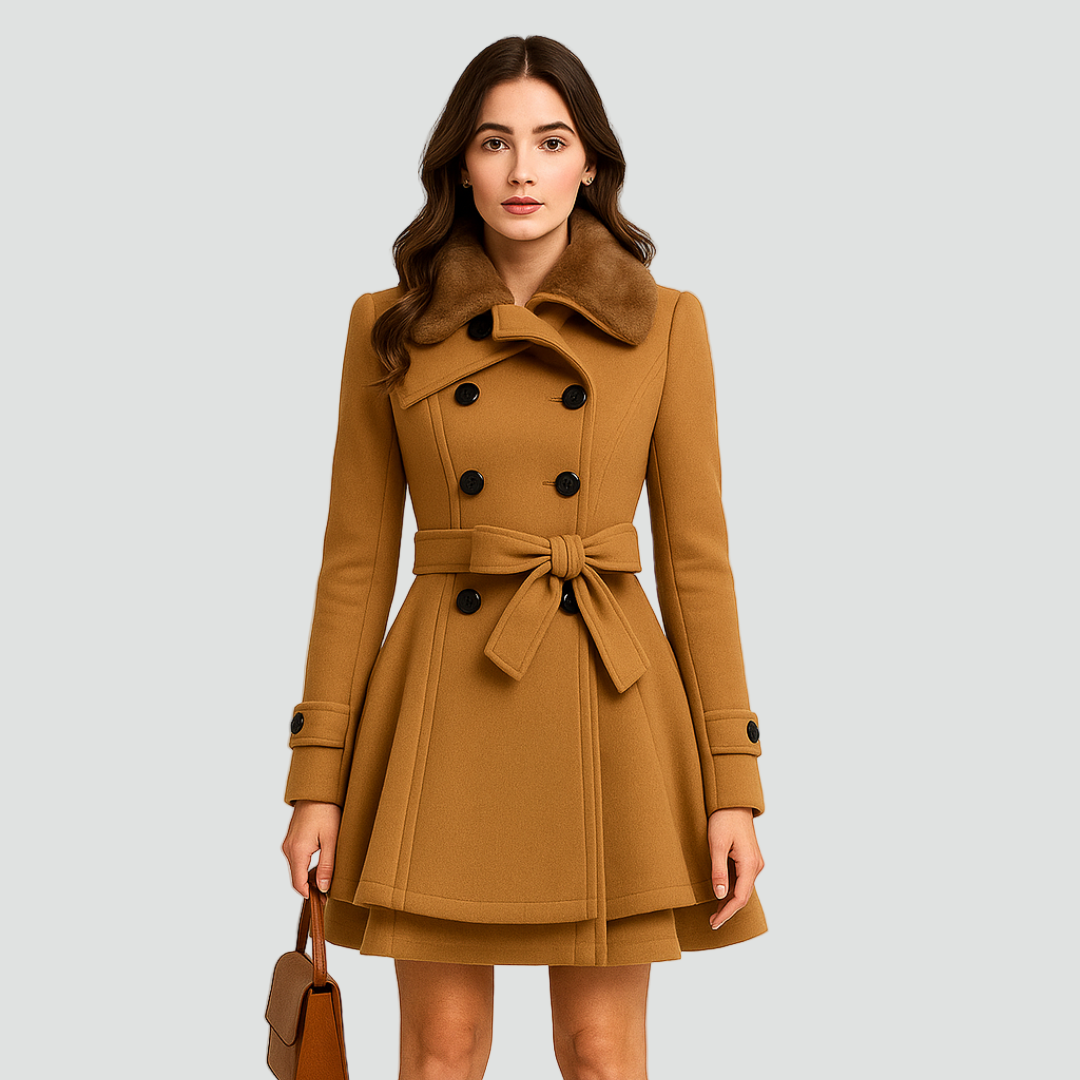 Dwurzędowy płaszcz wełniany damski z kołnierzem ze sztucznego futra i paskiem