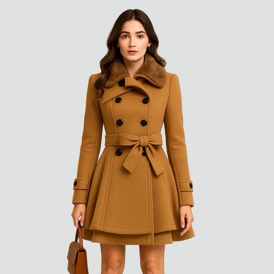 Dwurzędowy płaszcz wełniany damski z kołnierzem ze sztucznego futra i paskiem
