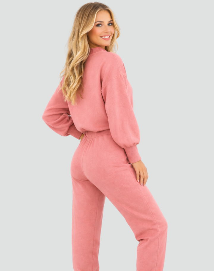 Dzianinowy komplet co-ord damski z bluzą i spodniami