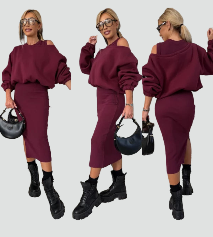 Dzianinowy komplet damski co ord set sukienka midi z bluzą