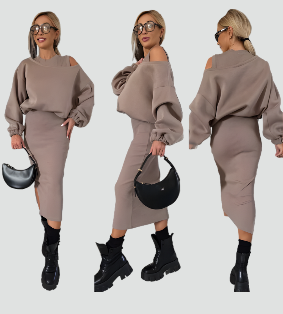 Dzianinowy komplet damski co ord set sukienka midi z bluzą