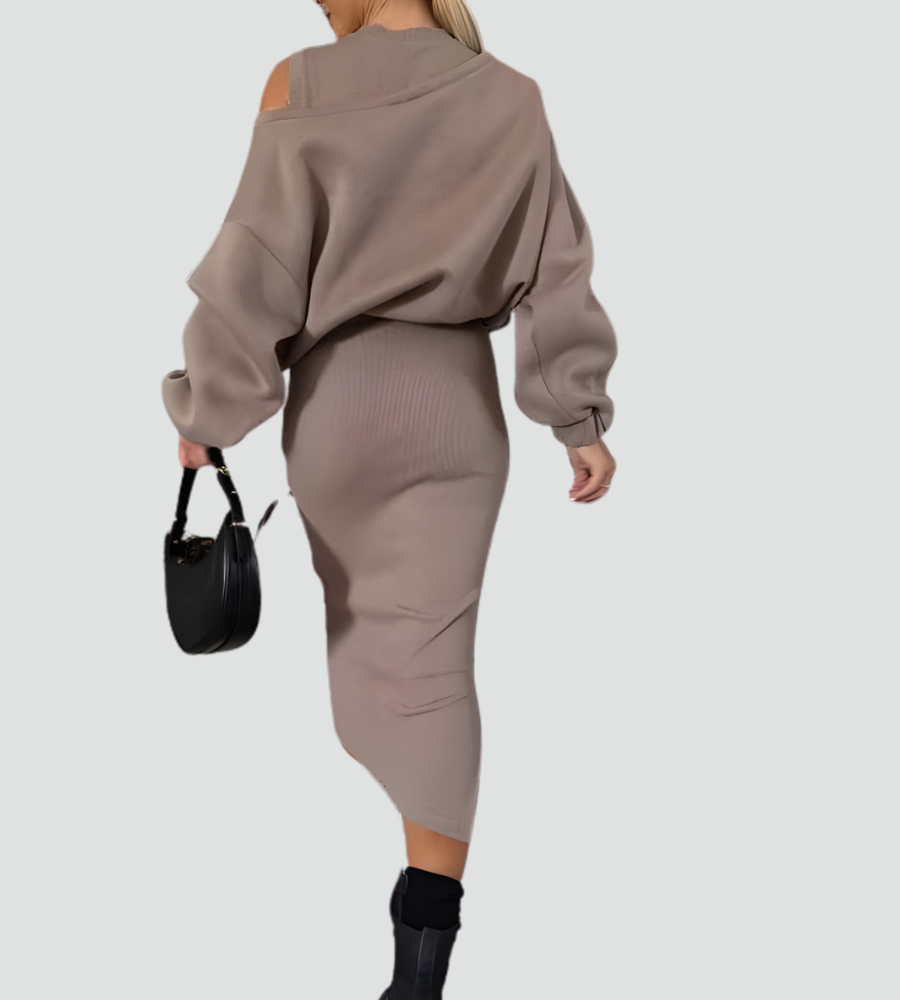 Dzianinowy komplet damski co ord set sukienka midi z bluzą