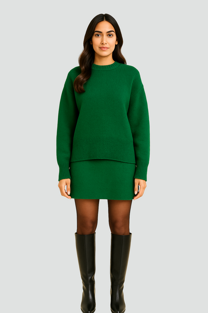 Dzianinowy komplet oversize elegancki damski sweter i spódnica