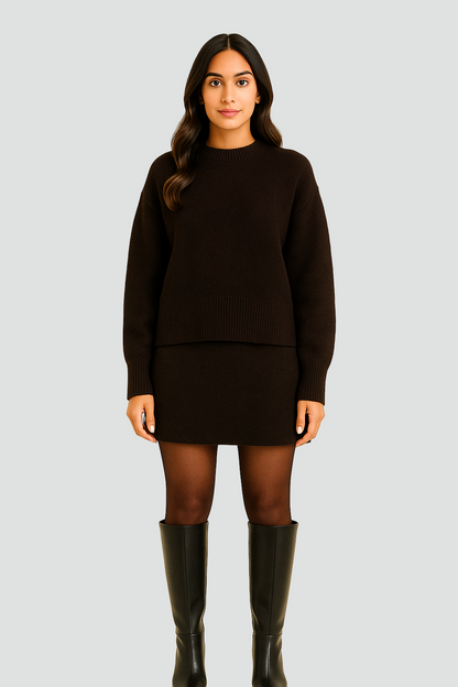 Dzianinowy komplet oversize elegancki damski sweter i spódnica