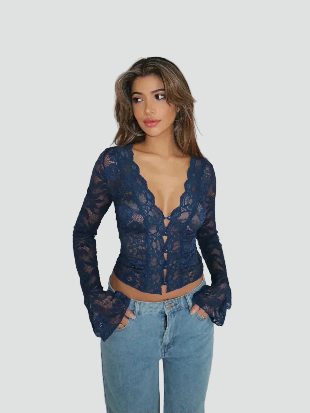 Lace blouse with a deep neckline and long sleeves