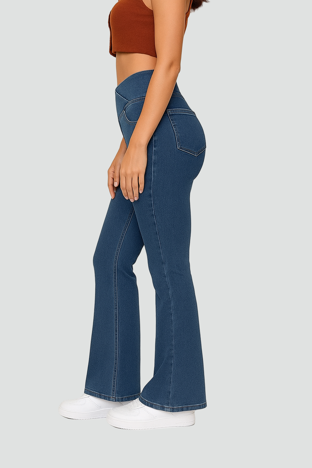 Elastyczne damskie jeansy dzwony z wysokim stanem