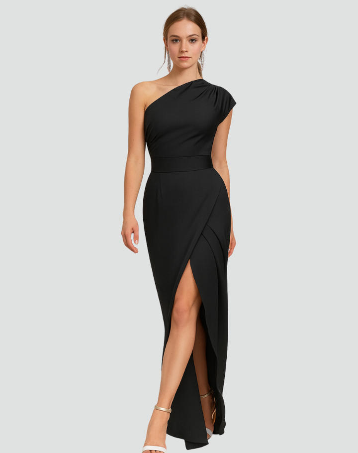 Elegancka asymetryczna koktajlowa sukienka maxi damska z rozcięciem