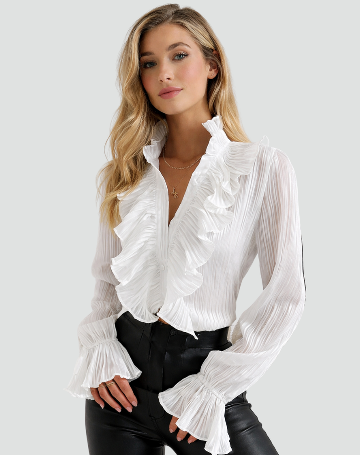 Elegancka bluzka damska z falbanami i długim rękawem