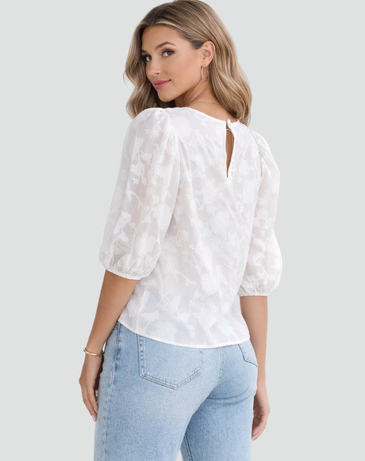 Elegant floral dress blouse with 3/4 puff sleeves