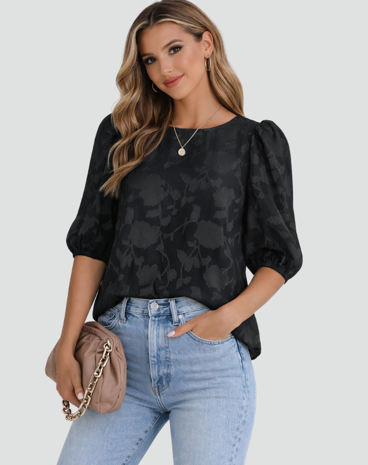 Elegant floral dress blouse with 3/4 puff sleeves